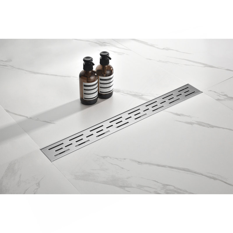 24 Inch Linear Shower Drain With Removable Brick Patterned Grate Cover, 304 Stainless Steel Shower Floor Drain With Hair Strainer And Leveling Feet