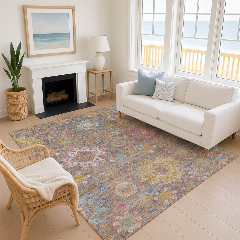 Premium Machine Washable Mayfield AMF2151 medallions Rug, Mocha, Rectangle 3' x 5'