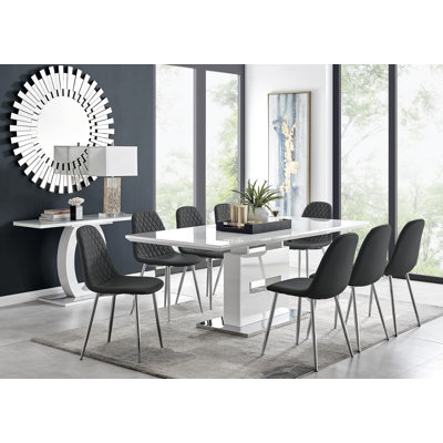 Areza High Gloss Extendable Dining Table Set with 8 Luxury Faux Leather Dining Chairs