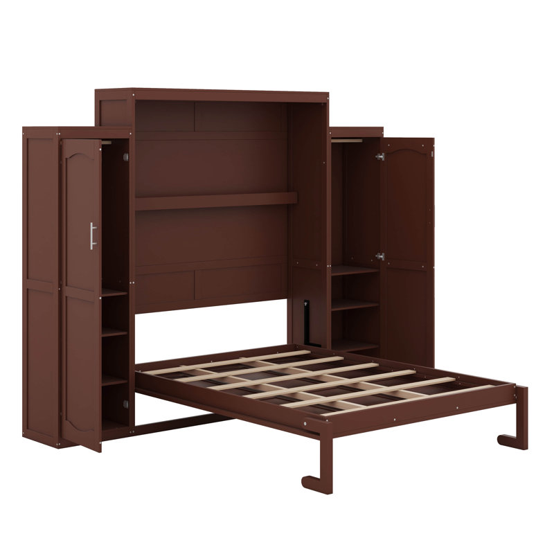 Lit escamotable avec 2 garde-robes et tablette de rangement, Noyer, Grand lit