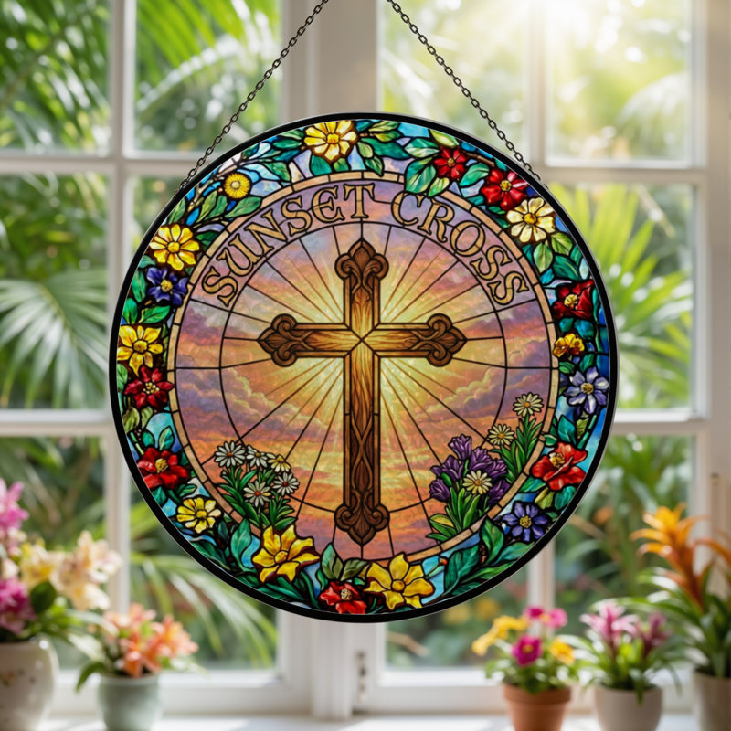 12"H Sunset Cross Stained Glass Window Panel, 12" H x 12" W