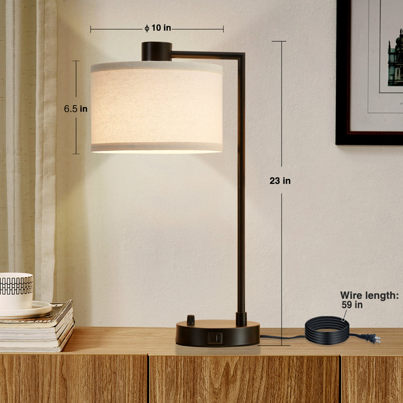 Black Iron Table Lamp Set with USB Ports and Linen Shades