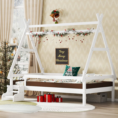 Twin House Platform Bed with Stairs, Solid Wood Twin Bed Frame, Low Profile and Childlike Fun Design