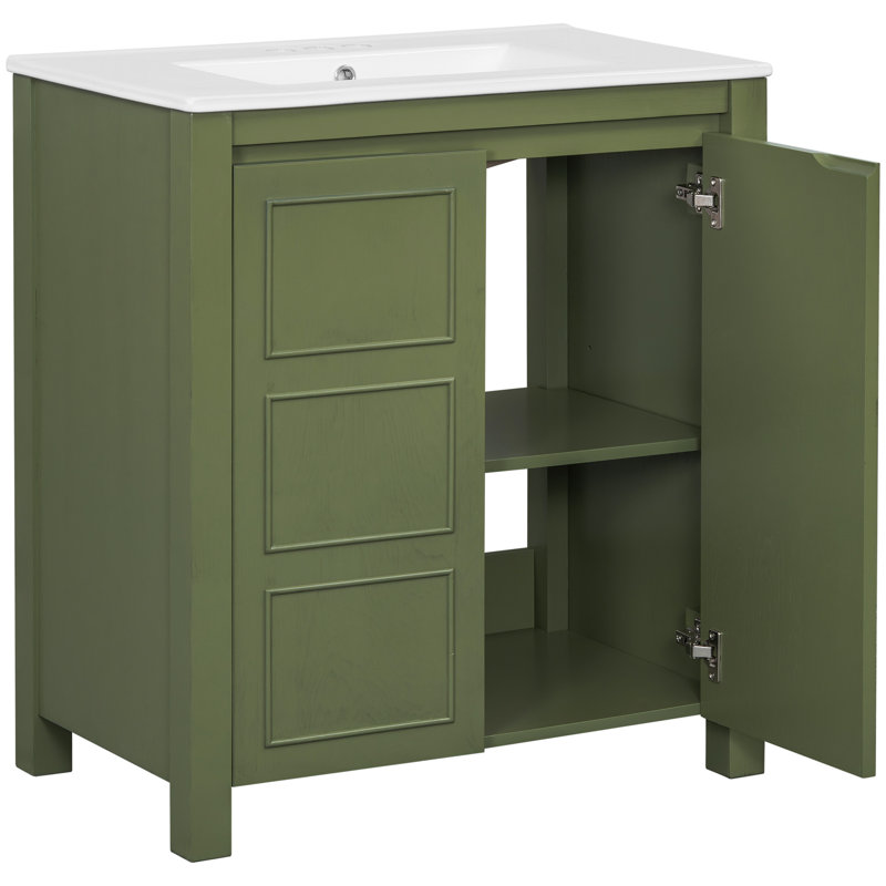 30-Inch Bathroom Vanity In Olive Featuring Ceramic Sink, Construction, Soft-Close Doors, And Spacious Design 30'' With Hidden Door Handles, Function, Easy Assembly For Small Spaces