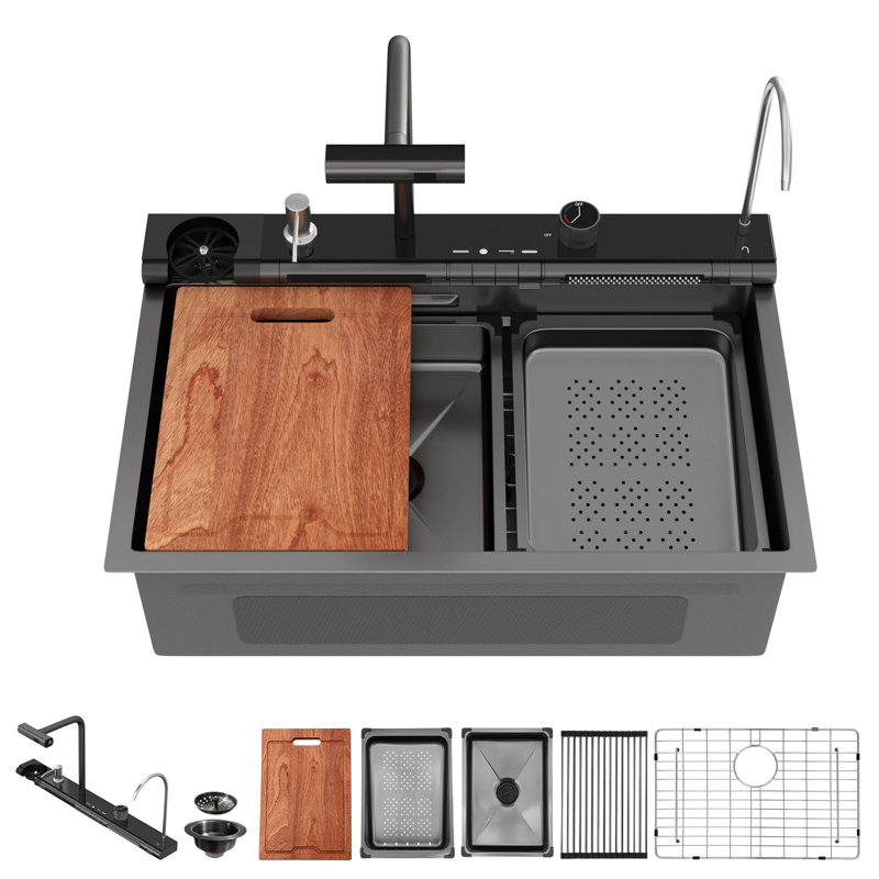 Drop In Waterfall Kitchen Sink 29.5"L x 19"W Dual Waterfall Smart Kitchen Sink,16 Gauge Stainless Steel Workstation Kitchen Sink Set with Pull-down Faucet, Rainfall Water Outlet, Glass Rinser, Soap Dispenser, Battery-free Temperature Display In Fahrenhei