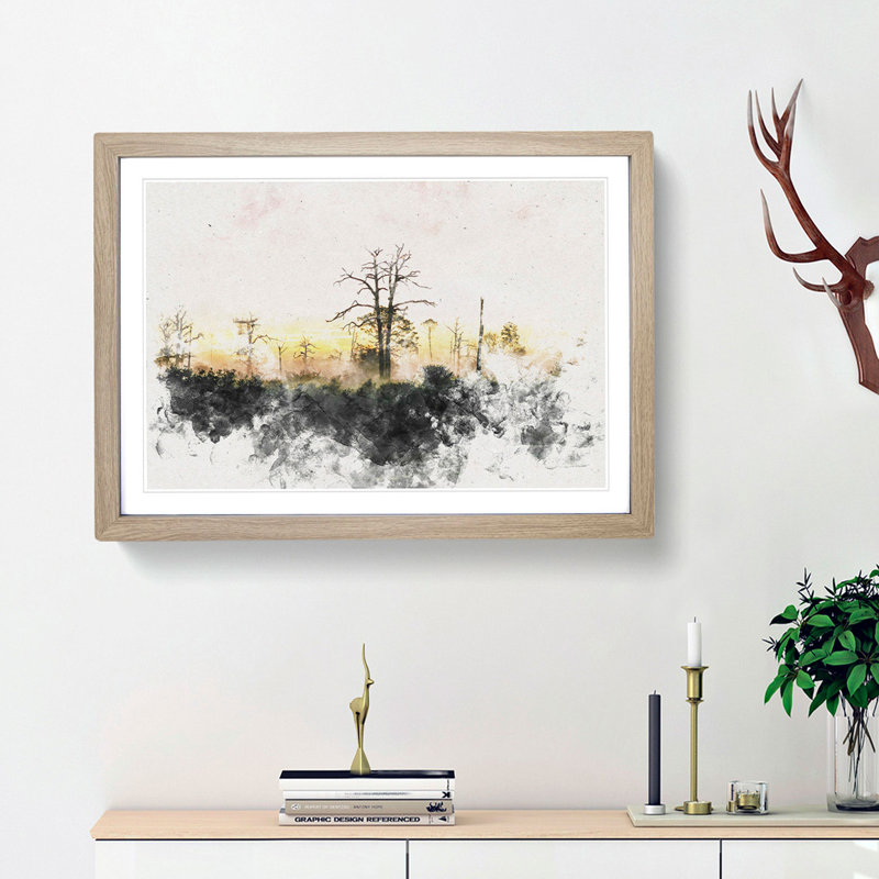 Fog over Woodland - Picture Frame Painting Print, 62cm H x 87cm W x 2cm D, Oak Framed