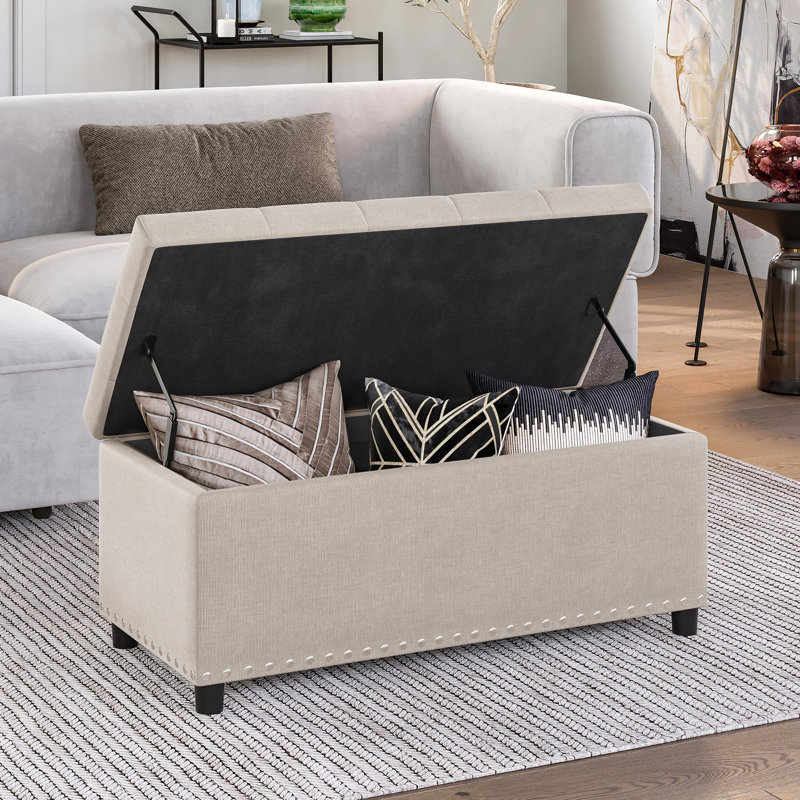 Repose-pieds de rangement rectangulaire capitonné de 35,43 po de large Almarin, Lin beige