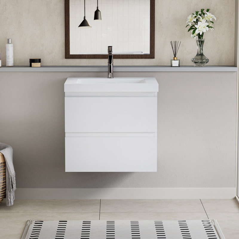 Meuble-lavabo de 24 po. Rangement moderne. Lavabo supérieur en résine. Blanc brillant. Tiroir à fermeture en douceur. Optimisation de l'espace. Méthode d'installation facile. Meuble-lavabo flottant avec rangement