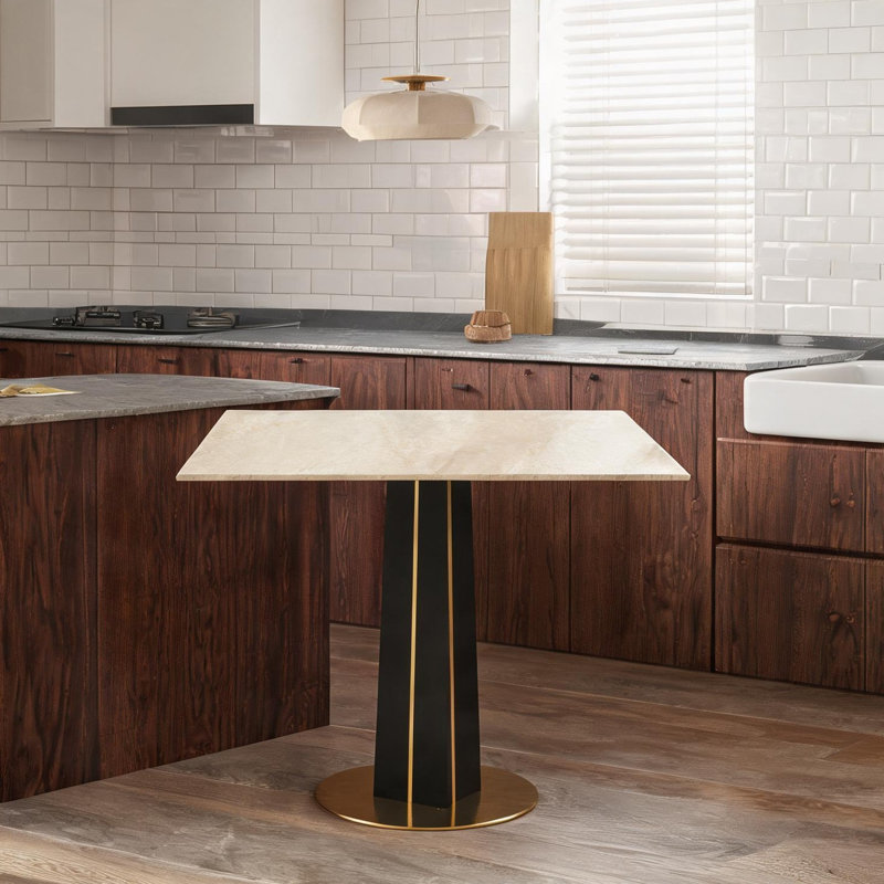 Table de salle à manger carrée pour 2 personnes, table de cuisine compacte de 33,5 pouces avec plateau en pierre frittée blanc doux et base dorée, idéale pour les petits espaces