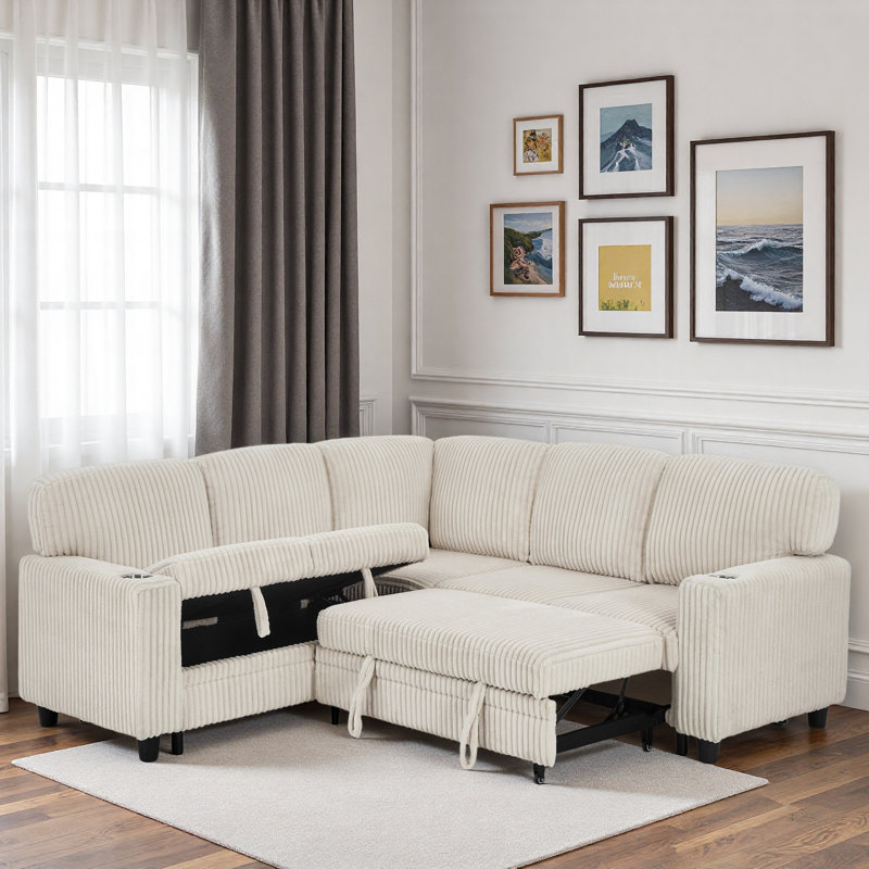 L-shaped Sectional Sofa Bed With Pull-out Bed, Storage, Usb Charging And Cup Holder, Beige Corduroy