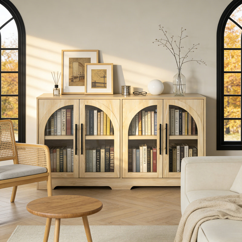 55" W  Rustic Display Buffet Cabinet With Arched Glass Doors, Modern Buffet Sideboard Coffee Bar Cabinet With Storage And Adjustable Shelves,For Kitchen,Living Room And Entryway
