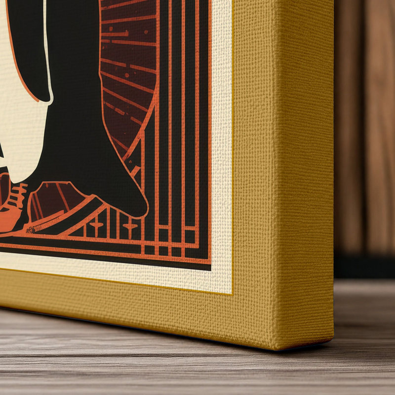 Geometric Penguin Art Deco 1 Piece Wrapped Canvas Wall Art, 18x12 - 45.7 x 30.5 cm, Ochre Border