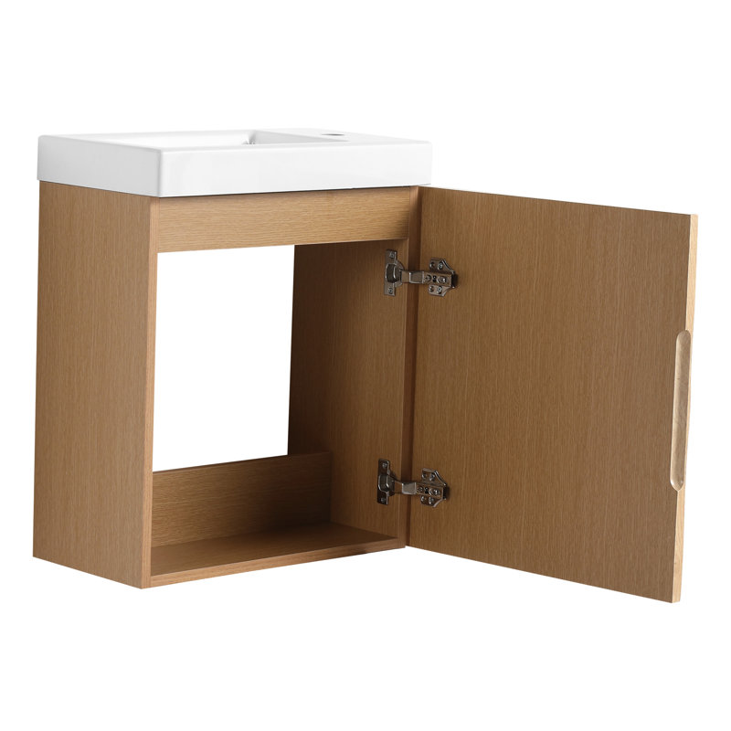 Ensemble de meuble-lavabo mural 18,5 po avec lavabo en résine, porte simple à fermeture douce, bois naturel, lavabo et robinet escamotable