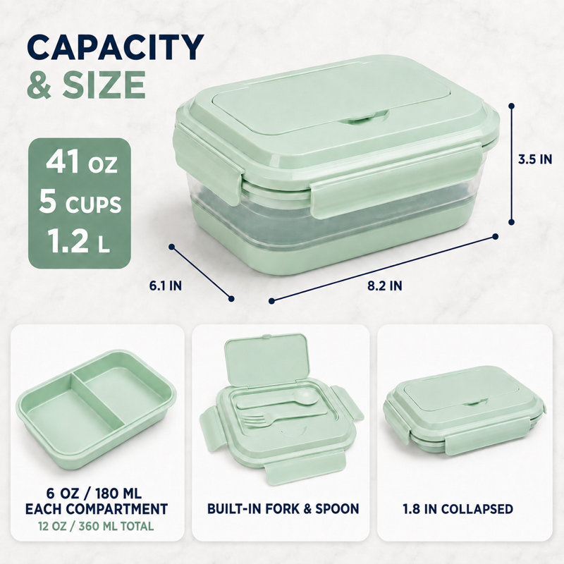 Boîte à bento pliable en silicone avec ustensiles et couvercle à fermeture à pression