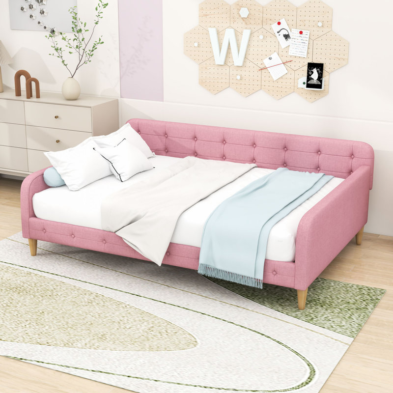Elegant Linen Upholstered Daybed with Armrests, Full, Pink