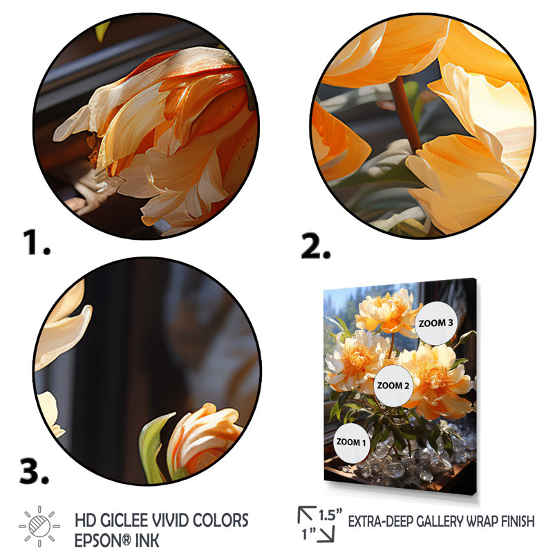 Art floral jaune pivoines jaunes, Cadre flottant noir, H 32 po x l 24 po x P 1 po