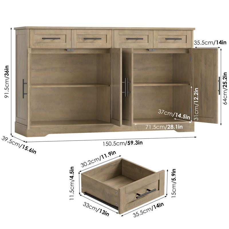 59.3"w Sideboard Buffet With 4 Drawers, Rustic Brown