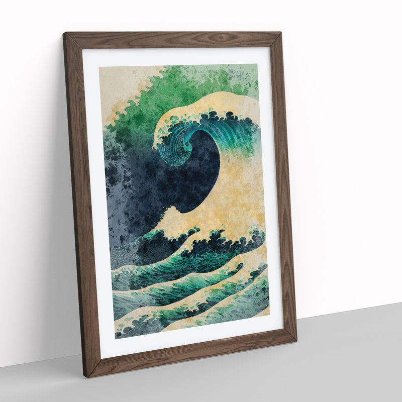 Watercolour Japanese Wave No.5 - Wall Art, 36cm H x 27cm W, Walnut Framed, White