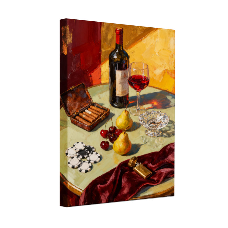 Nature morte abstraite avec vin et cigares, H 18 po x l 12 po