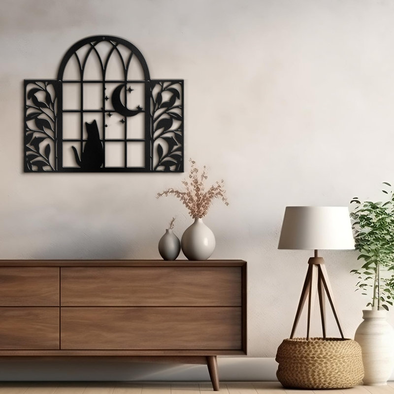 Chat et lune, décoration murale abstraite moderne, décoration murale suspendue, H 15,48 po x l 18 po x P 0,05 po, Noir