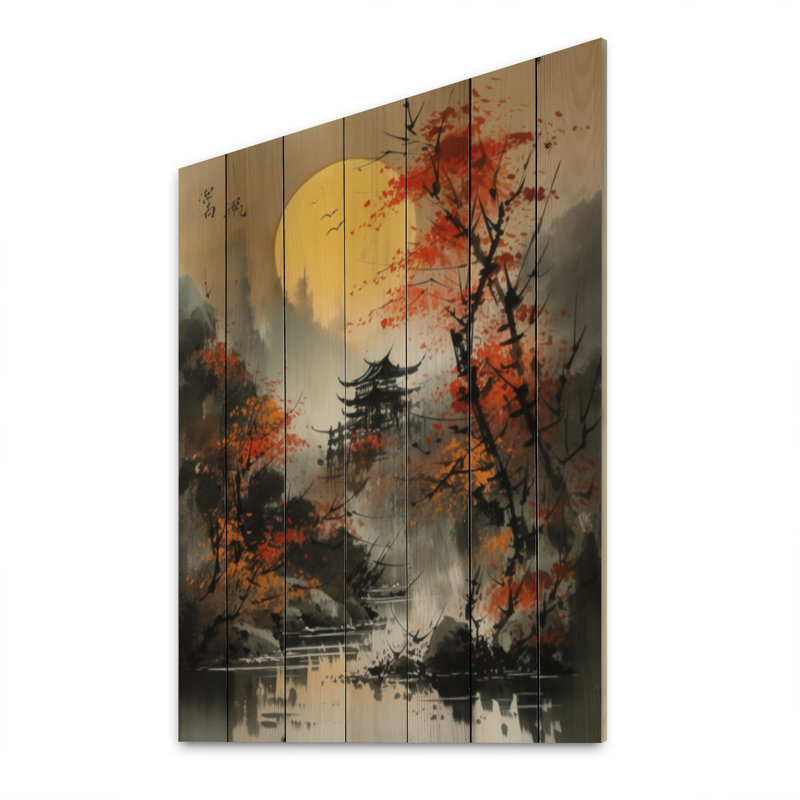 «Red Moonset Raven Cry Japon I» sur impression sur bois, H 20 po x l 10 po x P 0,78 po