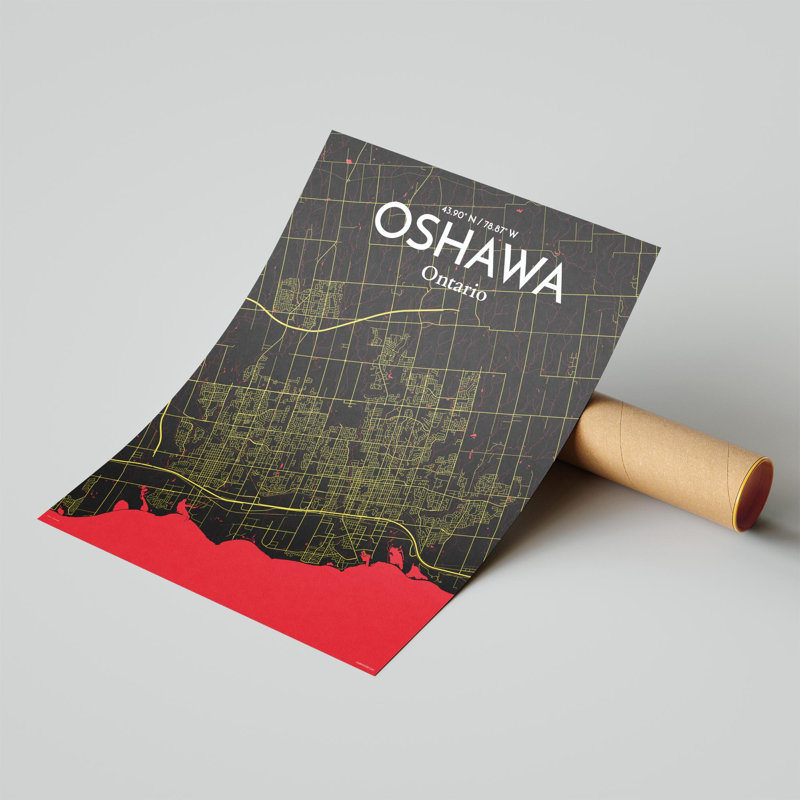 «Oshawa City Map», impression, Noir / rouge / jaune, H 24 po x l 18 po