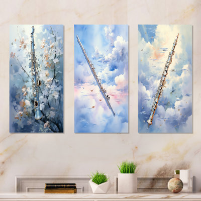 Music Flute Flight Sky Blue - Music Metal Wall Art Prints Set Of 3