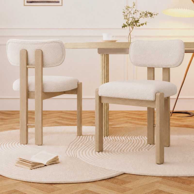 Boucle Upholstered Upholstered Back Side Chair, Natural, Natural, 2, Natural