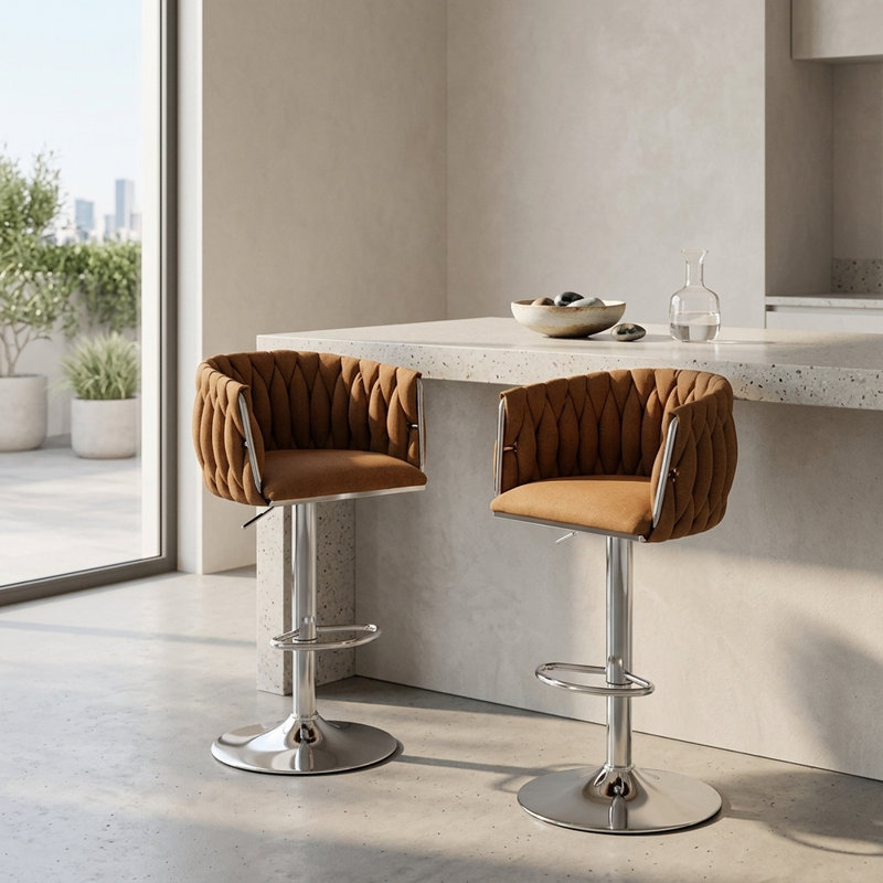Ensemble de 2 tabourets de bar pivotants caramel avec dossier tissé, chaises de comptoir modernes à hauteur réglable pour la cuisine et le bar