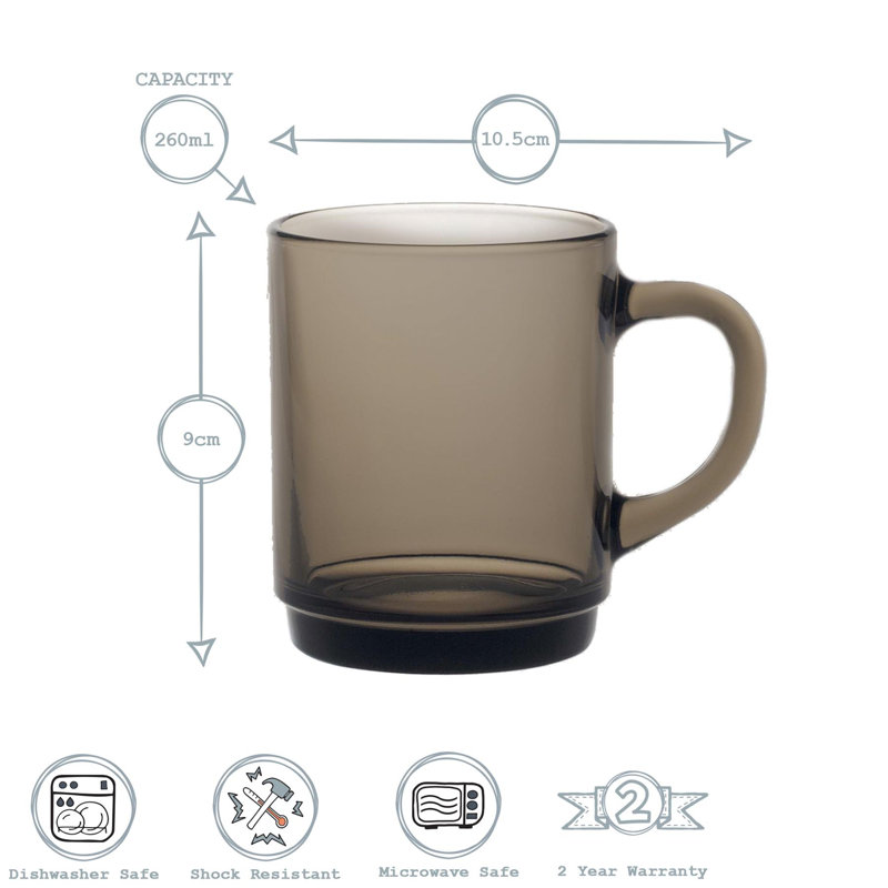 Duralex - Versailles Glass Coffee Mugs - 260ml Cups for Tea, Hot Drinks, Smoke, 6