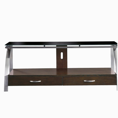 1 meuble télé au design moderne avec plateau en verre et cadre en acier inoxydable, meuble télé