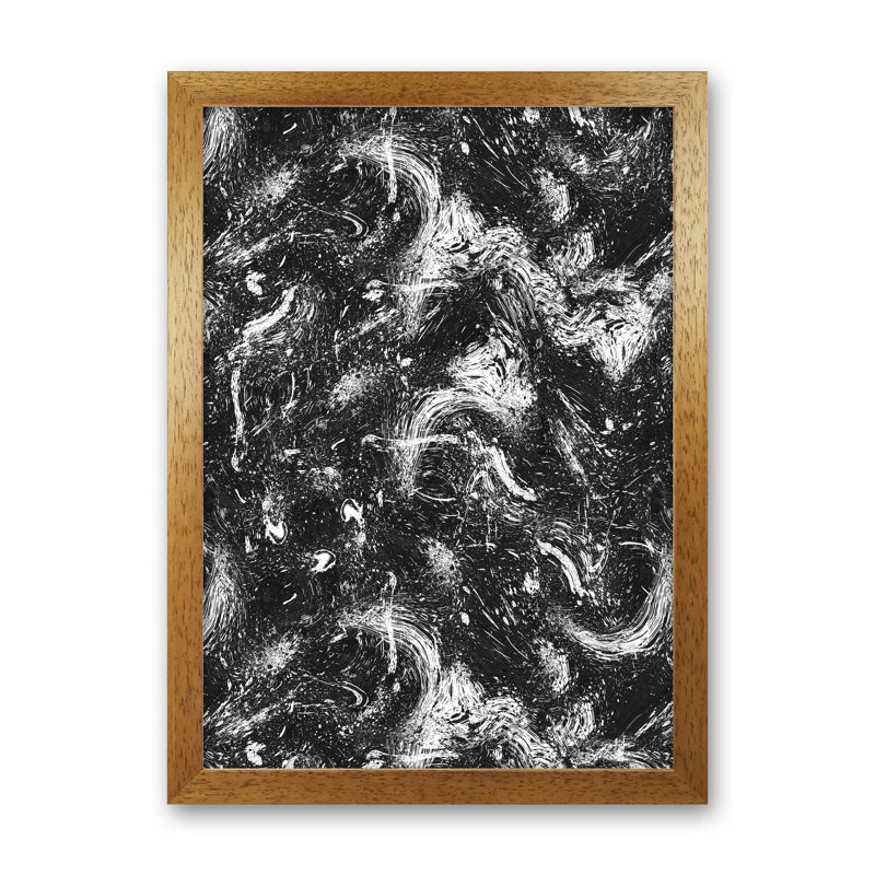 Abstract Dripping Painting Black White - Print, Brown Framed, 88cm H x 64cm W x 3cm D