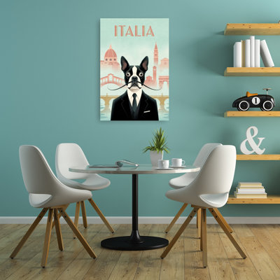 Italian Gentleman Boston Terrier Elegant Retro Vintage Dog Architecture Portrait Wall Art Print 1 Piece Wrapped Canvas Wall Art