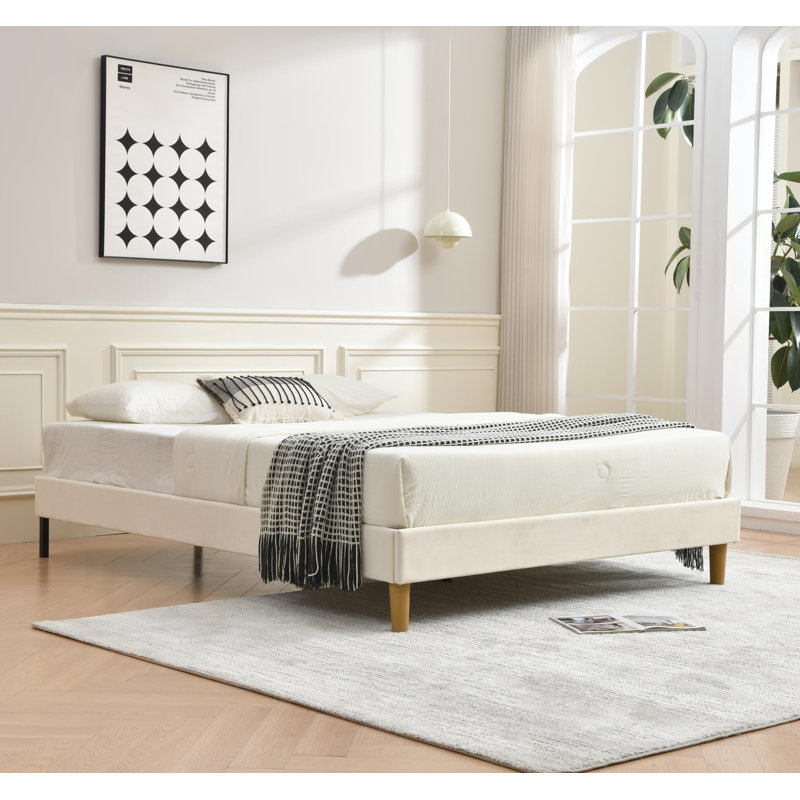 Lit plateforme en tissu d'ameublement, Crème, Double