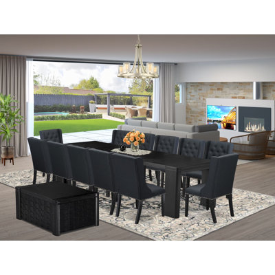 14-piece Dining Table Set a Rectangular Dining Table with a coffee Table and 12 Black Linen Fabric kitchen Chair, Wire Brushed Black