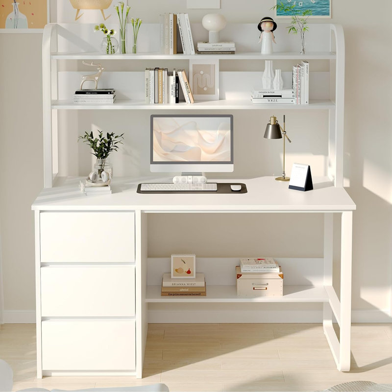 60 Inch Computer Desk with Drawers,Study Writing Desk with Hutch for Bedroom,  White
