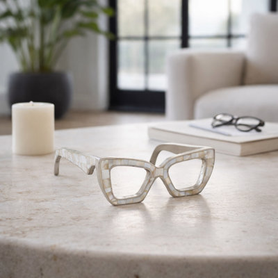 Lunettes décoratives élégantes en coquillage et métal - Objet de décoration sculptural moderne pour la maison - 20 cm, argent et métal