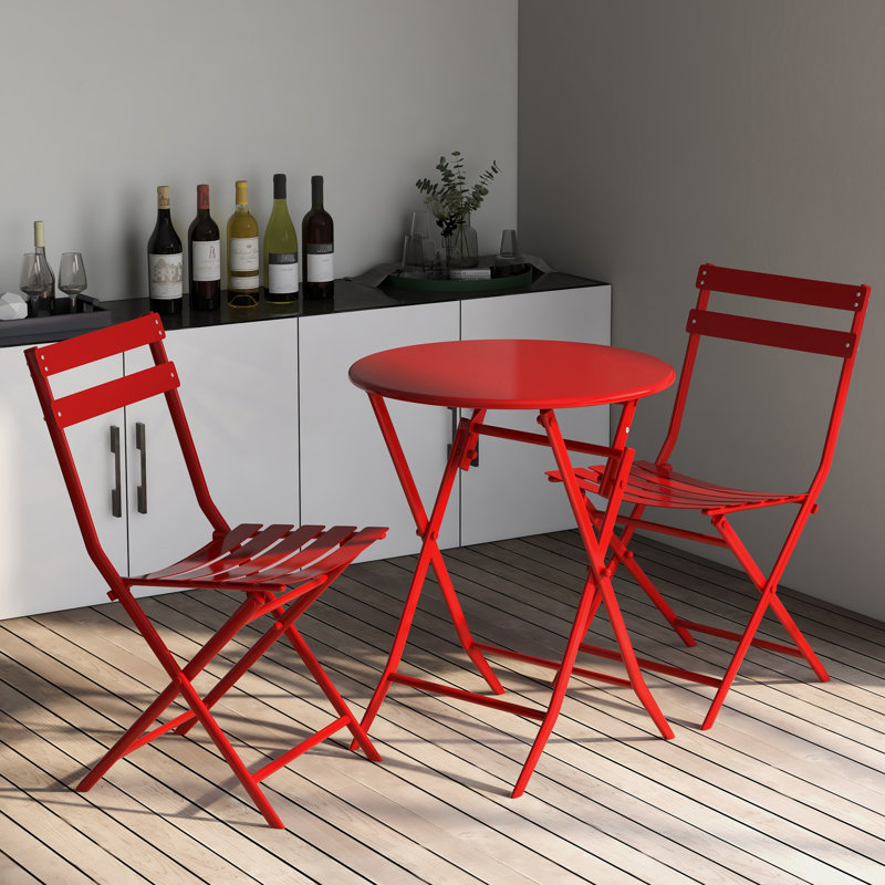 Ensemble de 3 bistro de patio en rouge - Chaises pliantes et table en métal pour cadre de vie intérieur et extérieur