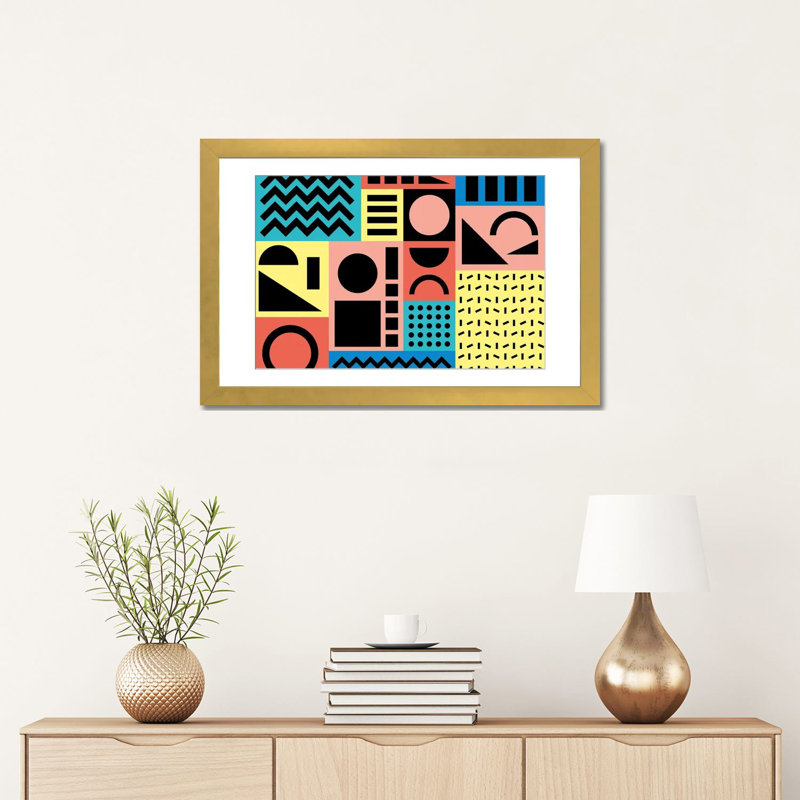 Motif de Memphis 17 - années 80/90 rétro - reproduction d'art mural - papier d'art encadré, H 16 po x l 24 po, Doré