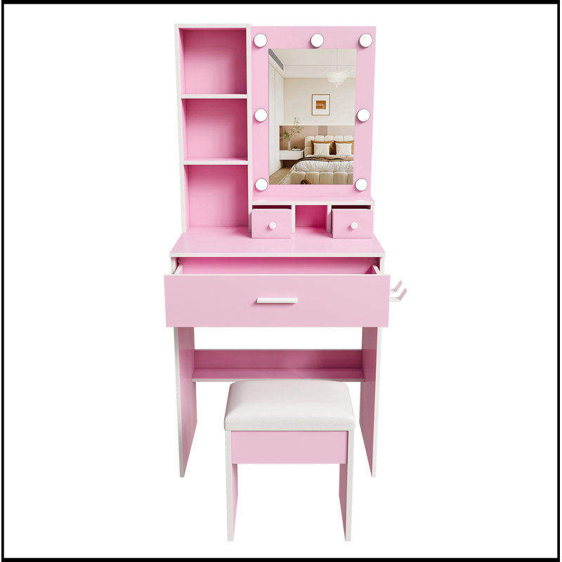 Table de coiffeuse avec miroir, lumières DEL réglables, prise de courant, support pour sèche-cheveux et tabouret, Pink