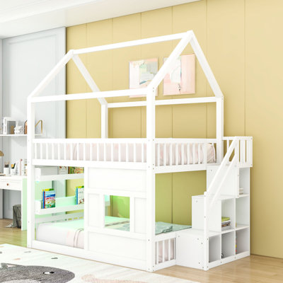 Full over Full Wooden House Bed with Built-in LED Shelf and Safety Features