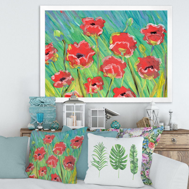 Gouache des coquelicots en fleurs - Peinture sur toile, H 24 po x l 32 po x P 1 po, Cadre photo blanc