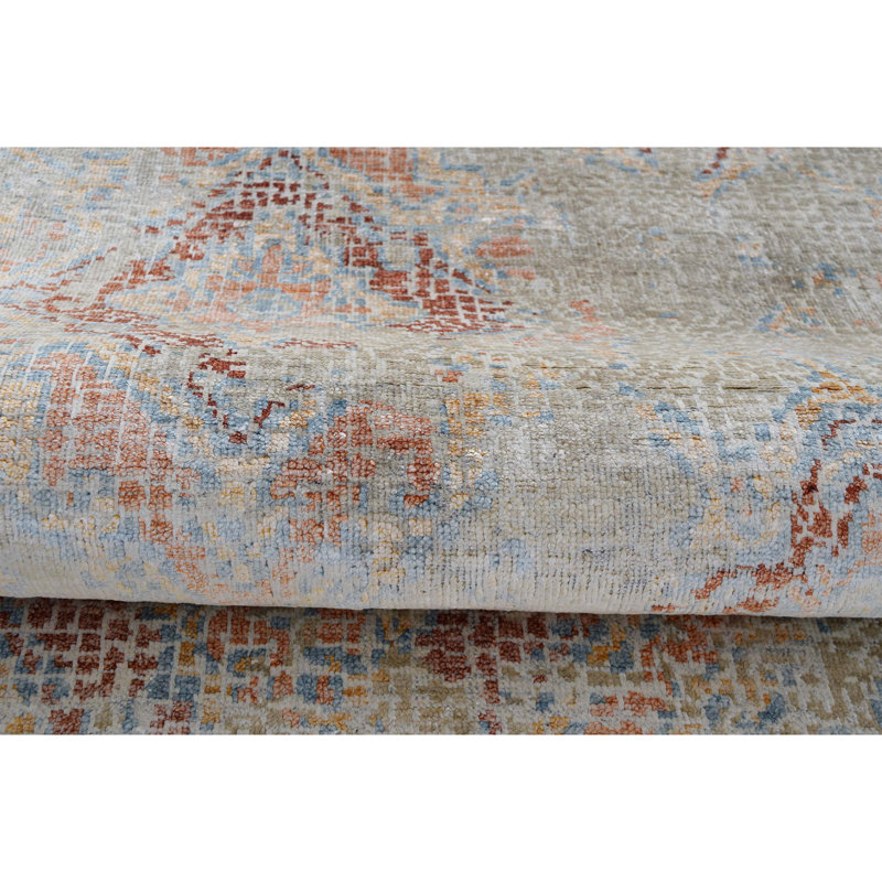 Tapis rectangulaire gris / rouille en laine / viscose noué à la main, Rectangle 6 pi x 9 pi