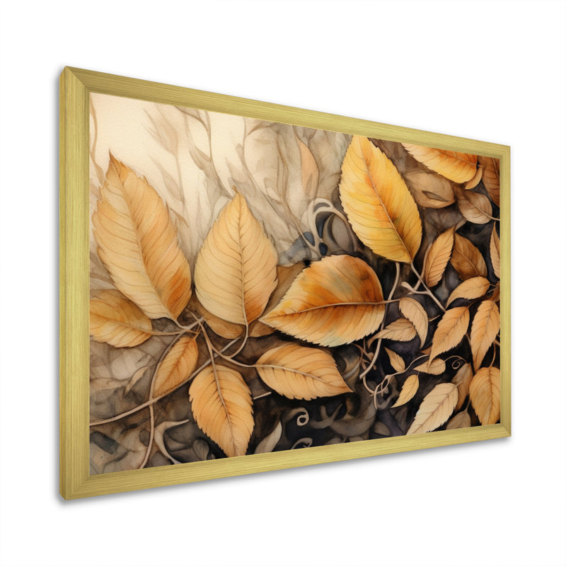 «Brown Beige Leafs Harmony II», reproduction sur toile, H 24 po x l 32 po x P 1 po, Encadrement doré