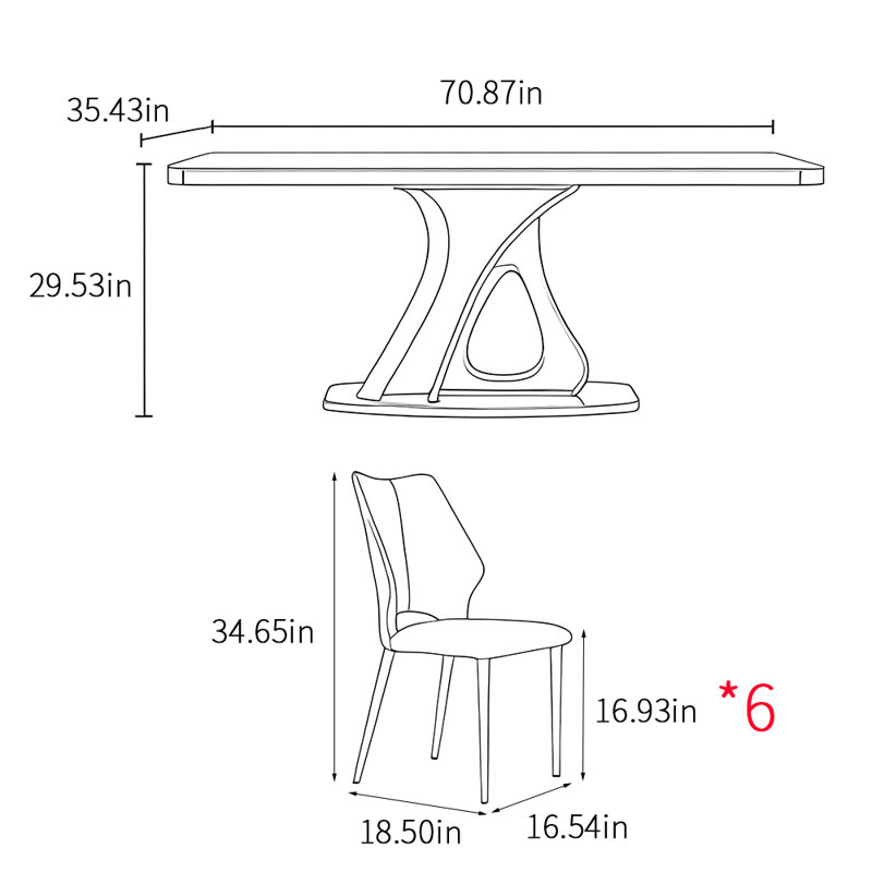 Ensembles de table à manger de style moderne et luxueux, H 29,53 po x L 70,87 po x l 35,43 po