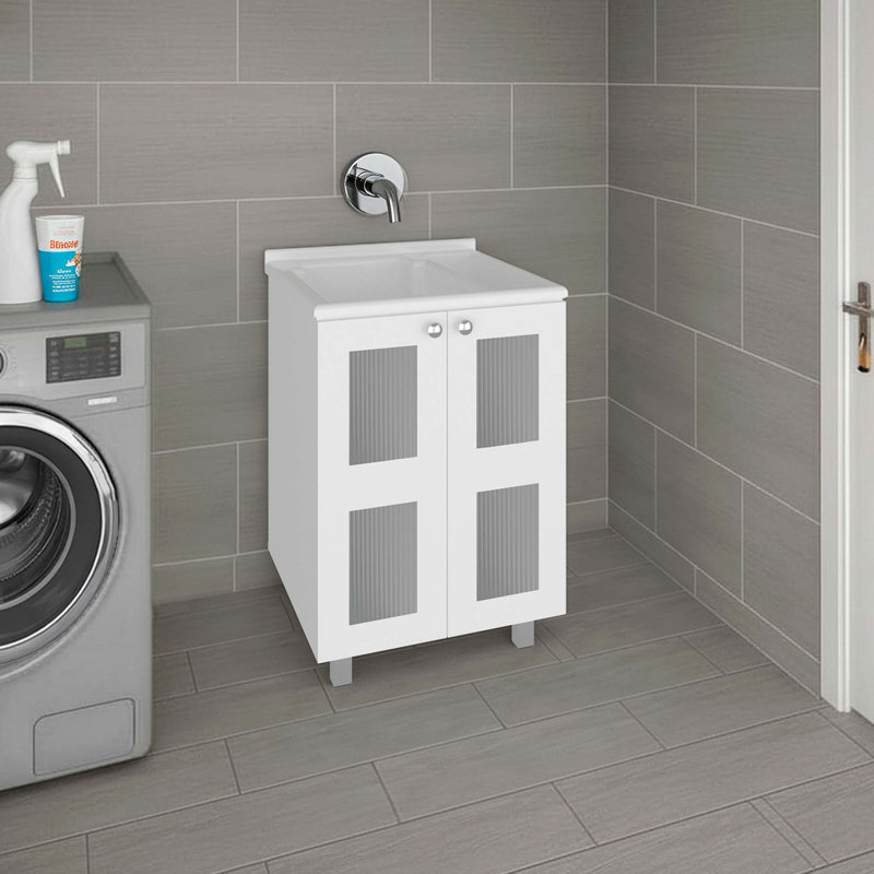 Meuble-lavabo compact avec portes en verre givré et lavabo en résine