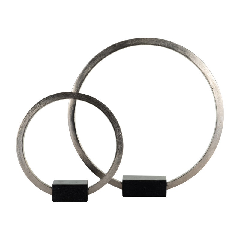 Florastine Metal and Stone Circular Sculpture with Aluminum and Marble Accents in Minimal Modern Design, 19" H x 18" W x 3" D