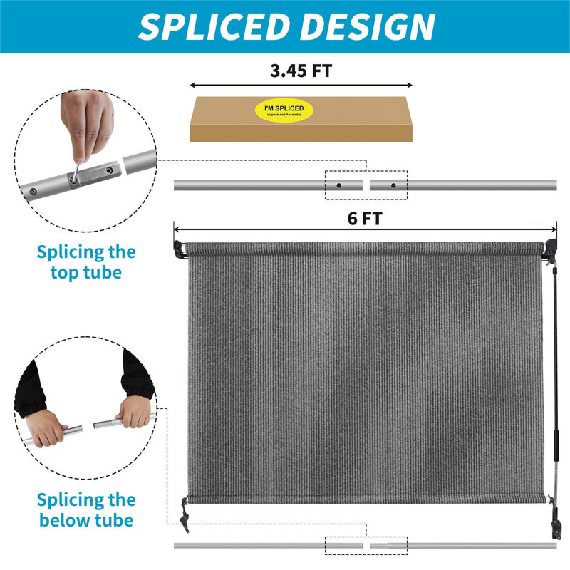 Outdoor Roller Shade  Fabric Blind Sesame 220GSM Roll Up Shade, Wand Operation Exterior Roller Shade Cloth for Patio Porch Gazebo, Spliced of Two