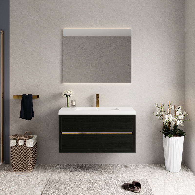 Meuble-lavabo de 107 cm avec lavabo et armoire suspendue, comptoir en résine de pierre, tiroirs à fermeture amortie, bois, préassemblé, lavabo nécessitant peu d'entretien, charnières à ouverture et fermeture en douceur et sécuritaires, fonctionnement silencieux