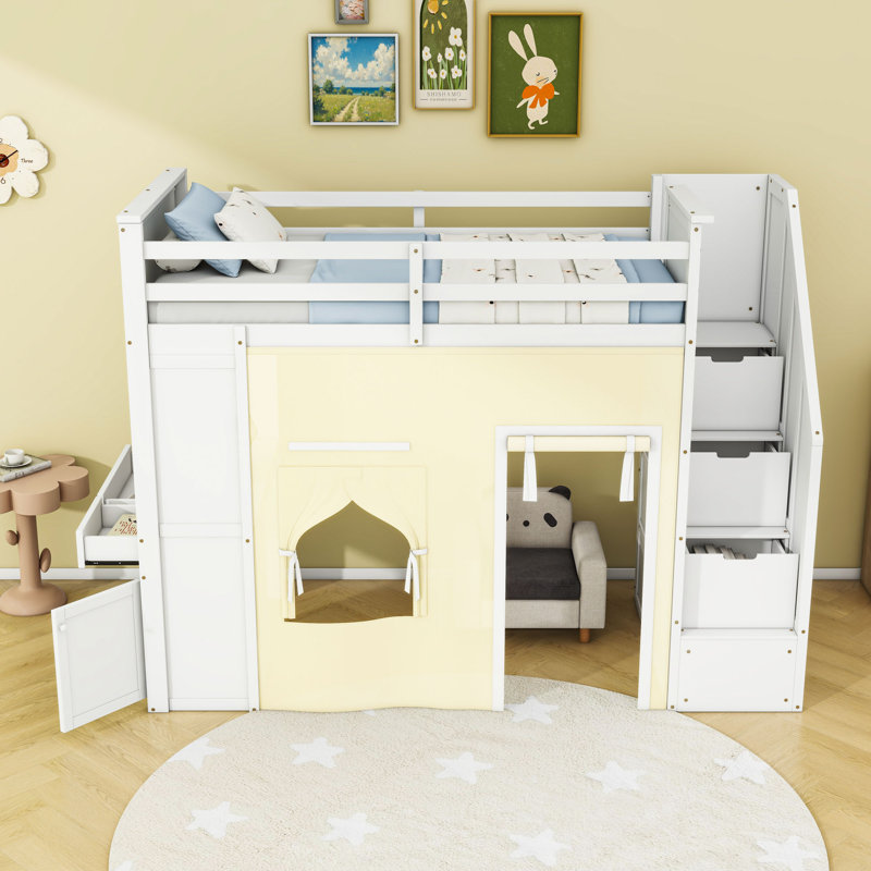 Lit mezzanine simple en bois avec bureau, escalier de rangement, tiroirs